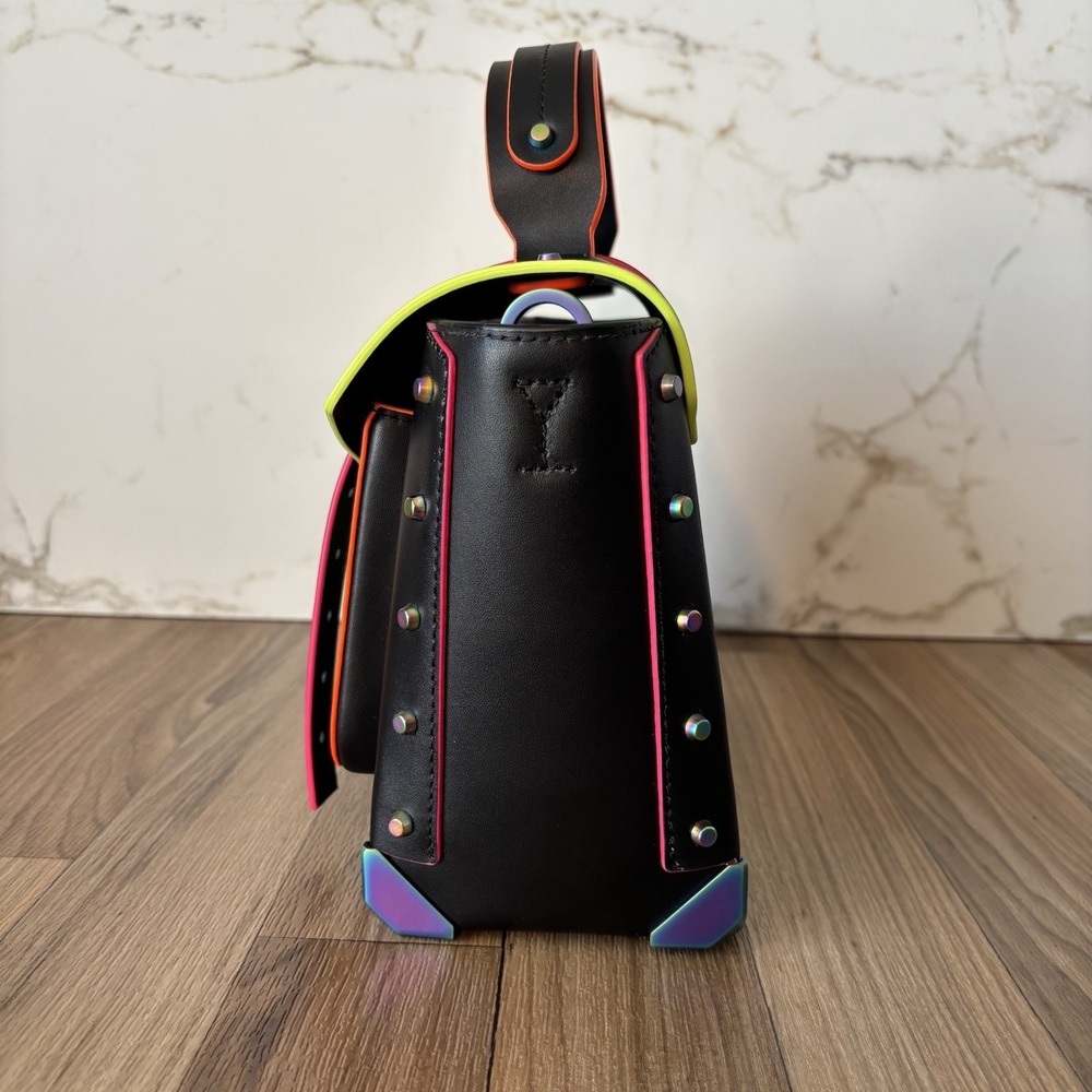 Michael Kors Manhattan Black Medium Leather Unique Satchel Neon Colors Crossbody - Picture 4 of 16